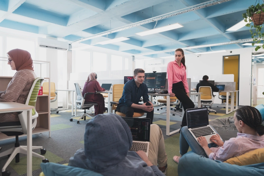 Business team brainstorming meeting in coworking space