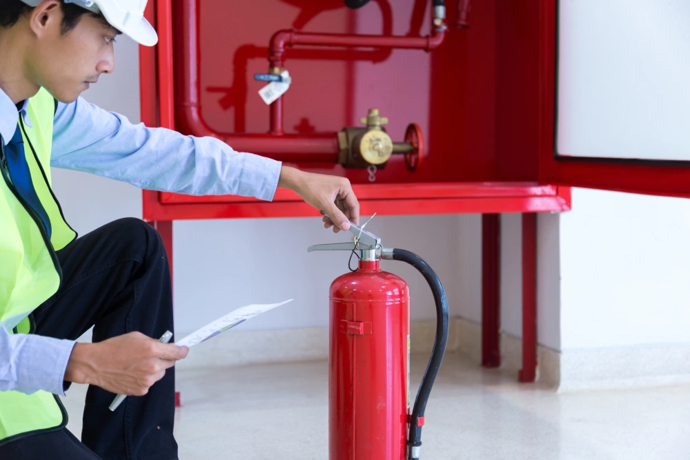 technician examining fire extinguisher